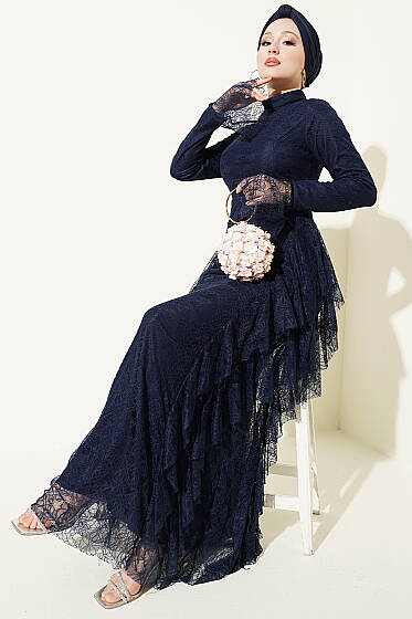 Dantelli Etek Fırfırlı Abiye Elbise Lacivert - Elbise