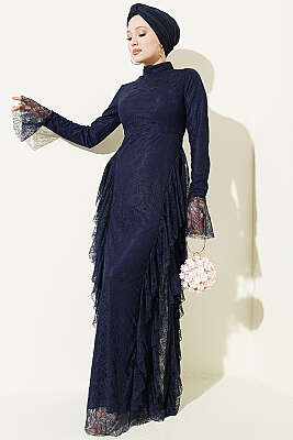 Dantelli Etek Fırfırlı Abiye Elbise Lacivert - Elbise