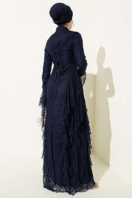 Dantelli Etek Fırfırlı Abiye Elbise Lacivert - Elbise