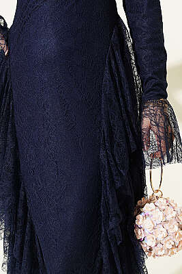 Dantelli Etek Fırfırlı Abiye Elbise Lacivert - Elbise