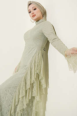 Dantelli Etek Fırfırlı Abiye Elbise Mint - CNR TEKSTİL