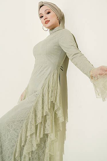 Dantelli Etek Fırfırlı Abiye Elbise Mint - Elbise