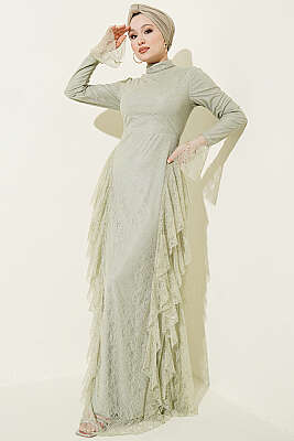 Dantelli Etek Fırfırlı Abiye Elbise Mint - Elbise