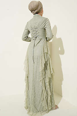 Dantelli Etek Fırfırlı Abiye Elbise Mint - Elbise