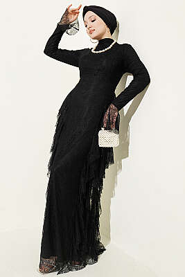 Dantelli Etek Fırfırlı Abiye Elbise Siyah - CNR TEKSTİL