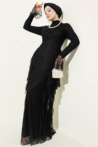 Dantelli Etek Fırfırlı Abiye Elbise Siyah - Elbise