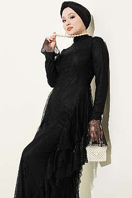 Dantelli Etek Fırfırlı Abiye Elbise Siyah - Elbise