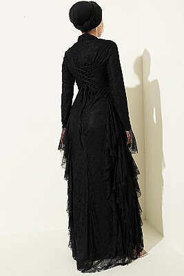 Dantelli Etek Fırfırlı Abiye Elbise Siyah - Elbise