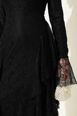 Dantelli Etek Fırfırlı Abiye Elbise Siyah - Elbise