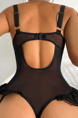 Dantelli Fırfırlı Fantezi Gecelik Siyah - Fantezi İç Giyim