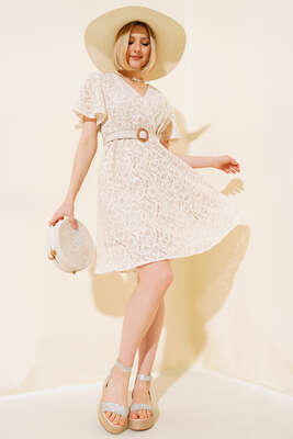 Dantelli Hasır Kemerli Elbise Bej - Kadın Giyim Modelleri