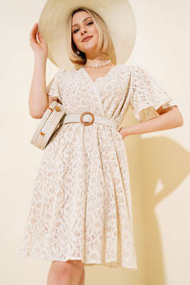 Dantelli Hasır Kemerli Elbise Bej - Kadın Giyim Modelleri