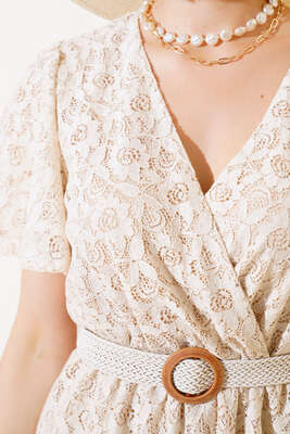 Dantelli Hasır Kemerli Elbise Bej - Kadın Giyim Modelleri