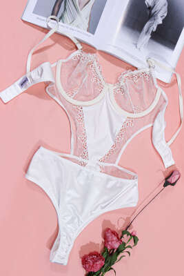Dantelli İp Askılı Bodysuit Beyaz Pudra - Body