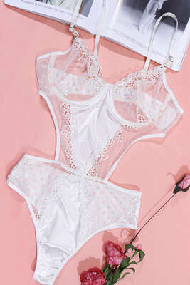 Dantelli İp Askılı Bodysuit Beyaz Pudra - İndirim İç Giyim