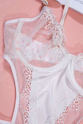 Dantelli İp Askılı Bodysuit Beyaz Pudra - İndirim İç Giyim