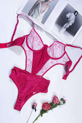 Dantelli İp Askılı Bodysuit Fuşya Beyaz - Bodysuit