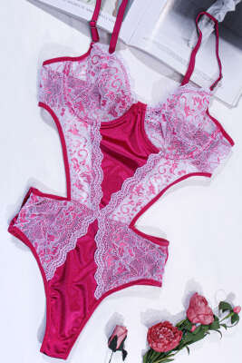 Dantelli İp Askılı Bodysuit Fuşya Beyaz - İndirim İç Giyim