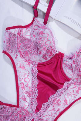 Dantelli İp Askılı Bodysuit Fuşya Beyaz - İndirim İç Giyim