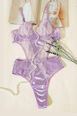 Dantelli İp Askılı Bodysuit Lila - İndirim İç Giyim
