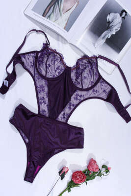Dantelli İp Askılı Bodysuit Mor - Body