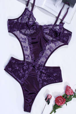 Dantelli İp Askılı Bodysuit Mor - İndirim İç Giyim