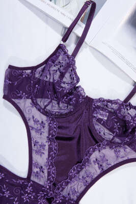 Dantelli İp Askılı Bodysuit Mor - İndirim İç Giyim