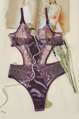 Dantelli İp Askılı Bodysuit Mürdüm - İndirim İç Giyim