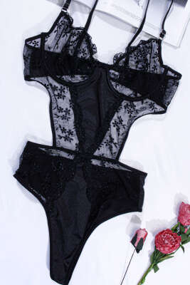 Dantelli İp Askılı Bodysuit Siyah 