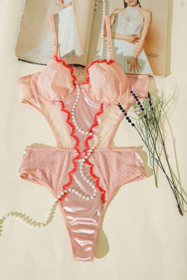 Dantelli İp Askılı Bodysuit Somon 