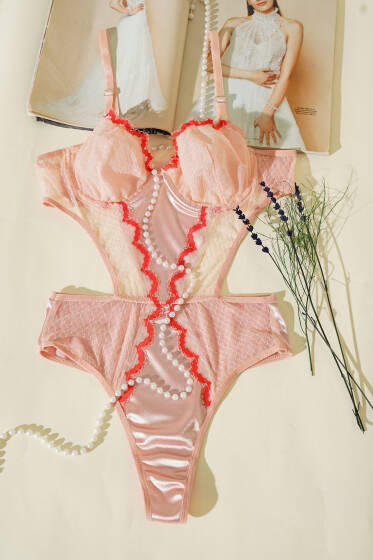 Dantelli İp Askılı Bodysuit Somon - İndirim İç Giyim