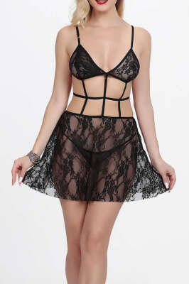 Dantelli Kare İpli Fantezi Gecelik Siyah - Fantezi İç Giyim