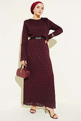 Dantelli Kemerli Elbise Bordo - HATUN