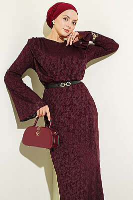 Dantelli Kemerli Elbise Bordo - Elbise