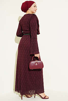 Dantelli Kemerli Elbise Bordo - Elbise