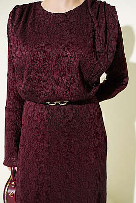 Dantelli Kemerli Elbise Bordo - Elbise