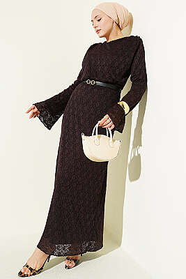 Dantelli Kemerli Elbise Kahve - HATUN