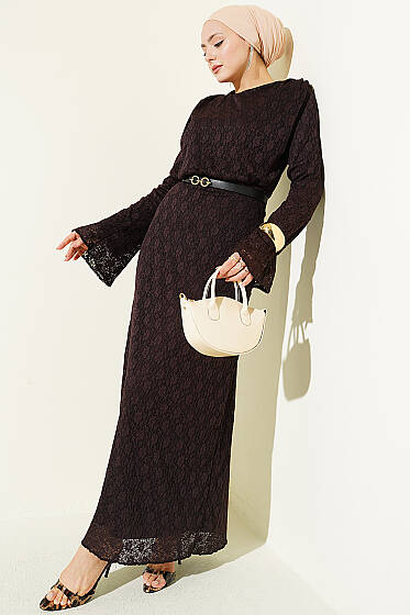 Dantelli Kemerli Elbise Kahve - Elbise