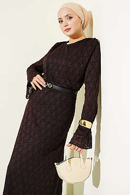 Dantelli Kemerli Elbise Kahve - Elbise