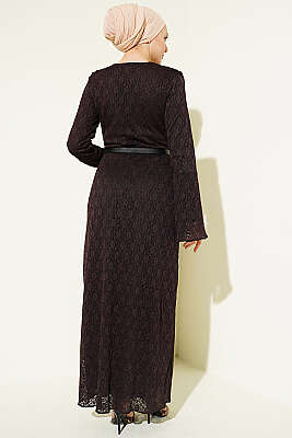 Dantelli Kemerli Elbise Kahve - Elbise