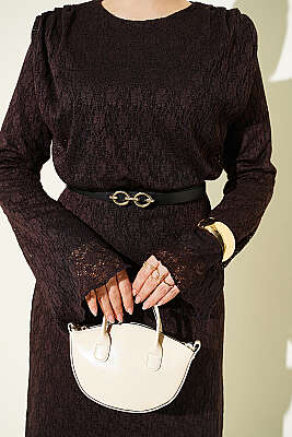 Dantelli Kemerli Elbise Kahve - Elbise