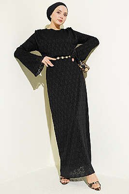 Dantelli Kemerli Elbise Siyah - HATUN