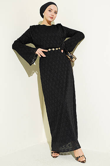 Dantelli Kemerli Elbise Siyah - İkili Takım