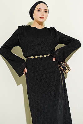 Dantelli Kemerli Elbise Siyah - İkili Takım