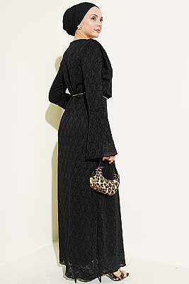 Dantelli Kemerli Elbise Siyah - İkili Takım