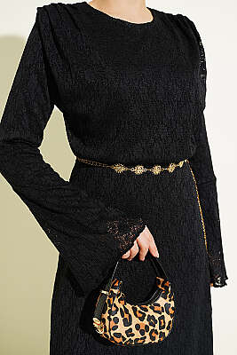 Dantelli Kemerli Elbise Siyah - İkili Takım