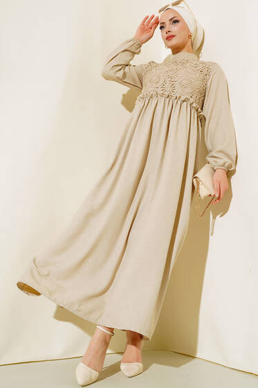 Dantelli Keten Elbise Bej - Tesettür Elbise
