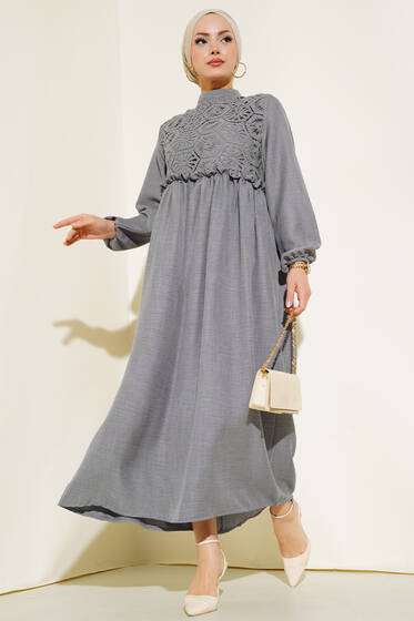 Dantelli Keten Elbise Gri - Tesettür Elbise