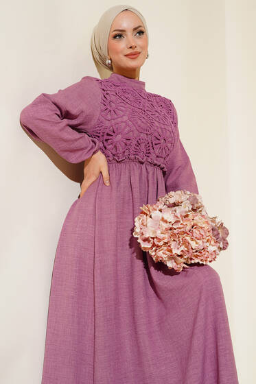 Dantelli Keten Elbise Gül Kurusu - Elbise