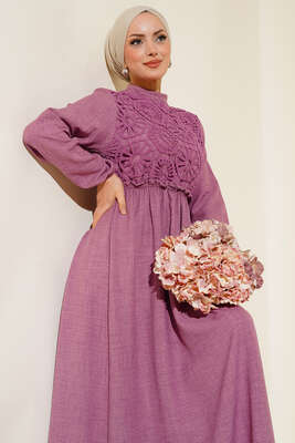 Dantelli Keten Elbise Gül Kurusu 